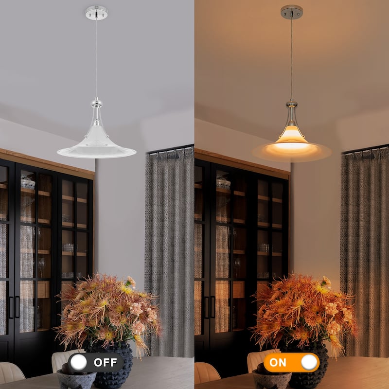 Chrome Trumpet Clear Glass Pendant Light Modern Hanging Fixture - Dia.15.55-in