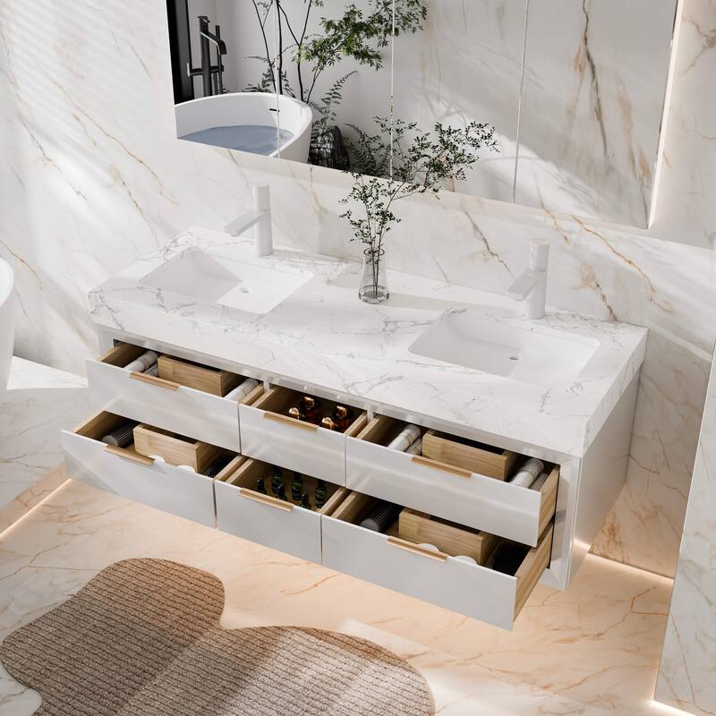 Modland 60" Modern Floating Bathroom Vanity with Double Sink, Soft-Close Drawers, White Stone Countertop
