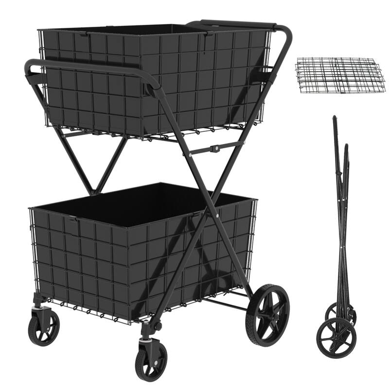 Foldable 2 Layers Grocery Shopping Cart w/ Double Basket and 360 Rolling Swivel Wheels