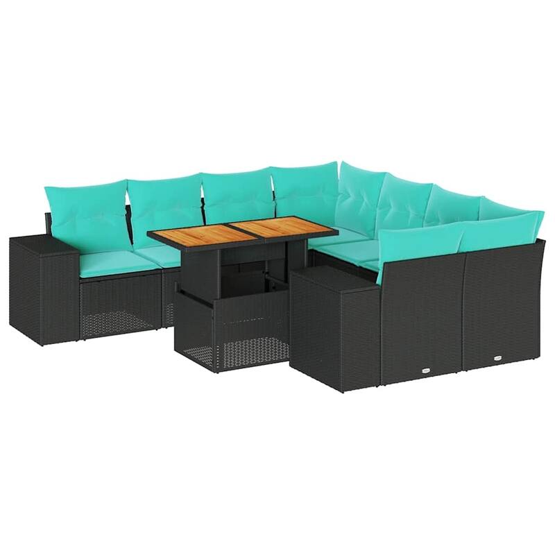 vidaXL 9 Piece Patio Sofa Set with Cushions Black Poly Rattan - 21.7 x 24.4 x 27.2