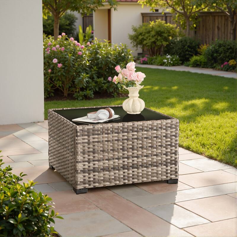 ​​OVIOS Square Wicker Patio Coffee Table with Umbrella Hole