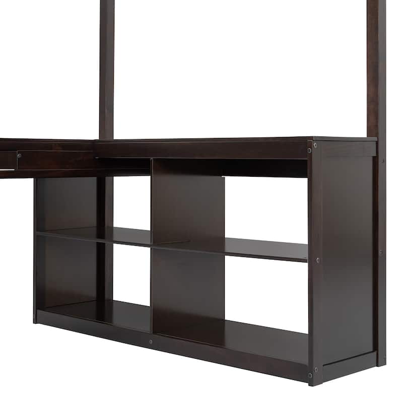 Full Size Wooden Loft Bed with U-Shaped Desk, Tri-Fold Mirror & Storage Compartments, Space-Saving Design