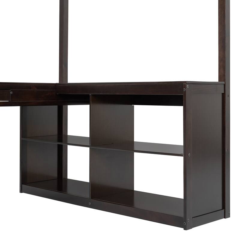 Full Size Wooden Loft Platform Bed Frame with U-Shaped Desk, Storage Compartments and Tri-Fold Mirror for Maximum Space