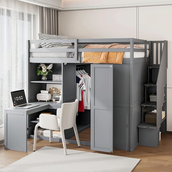slide 2 of 32, Full Size Bunk Bed with Wardrobe,Desk and Shelves Grey