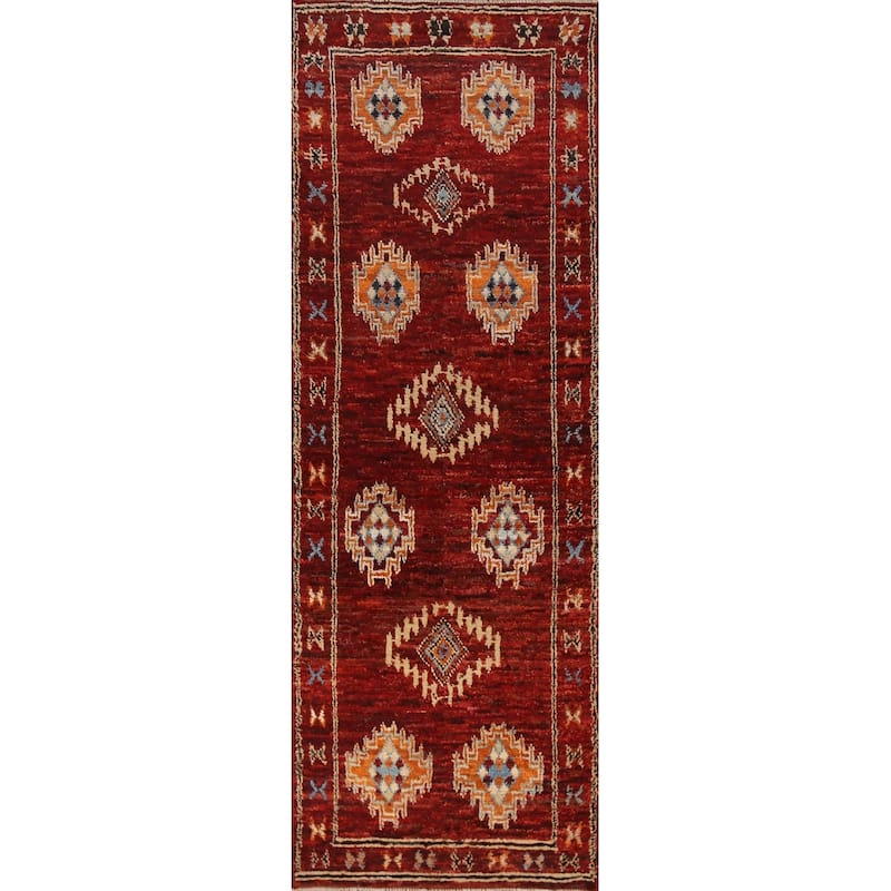 Red Moroccan Oriental Runner Rug Hand-Knotted Wool Carpet - 2'8" x 9'11"