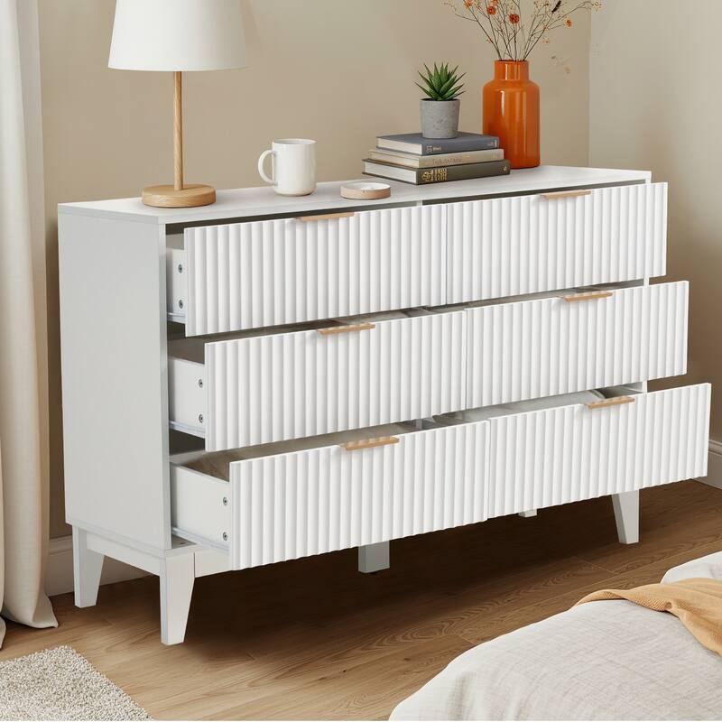 EROMMY Fluted 6-Drawer Dresser – Mid Century Modern Wide Chest with Metal Handles for Bedroom & Living Room