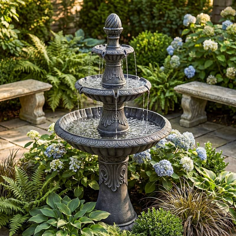 51.51in Vintage Carved 3 Tier Fountain Classic European Outdoor Water Feature with Dual Tier Light Rings ETL Certified Pump
