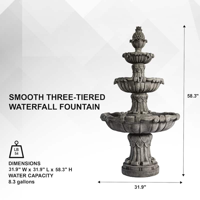 XBrand 58.3" 3-Tier Outdoor Freestanding Water Fountain - Classic Leaf Design, Gray Resin