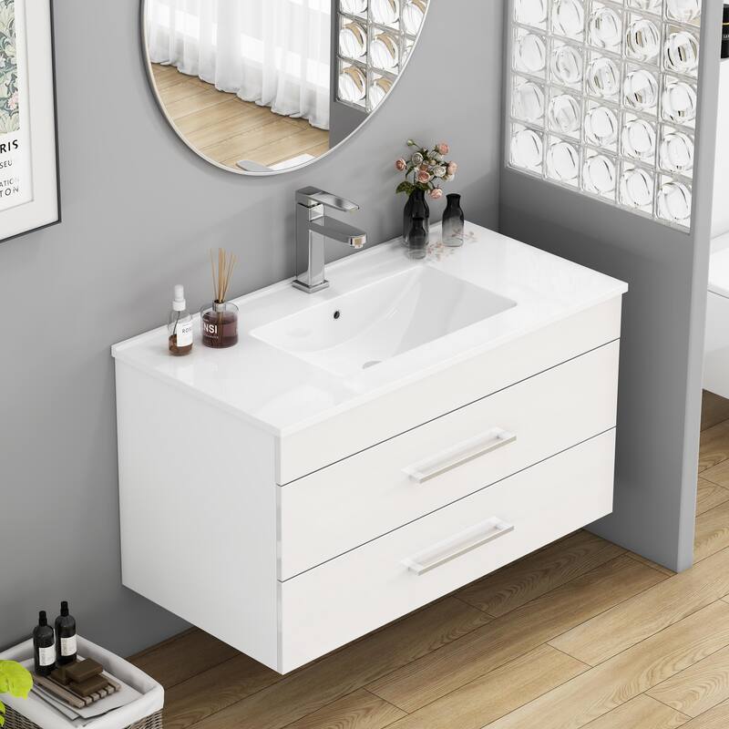 36-Inch White Gloss Wall-Mounted Bathroom Vanity with Double Drawers, Soft-Close System,Ceramic Sink,Long Metal Handle