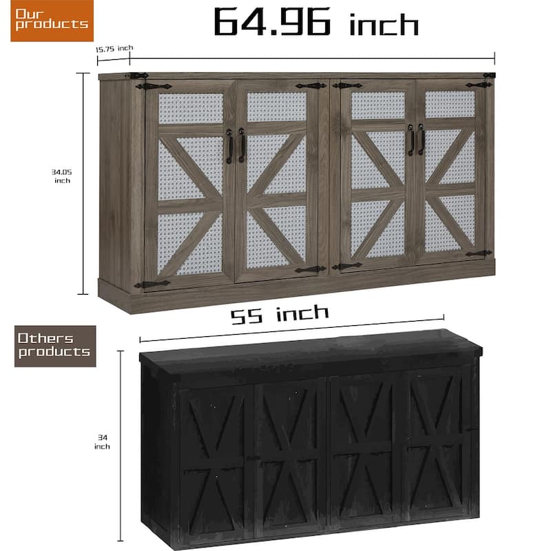 65-Inch Rustic Faux Rattan Sideboard,Barn Door Rustic Style Sideboard