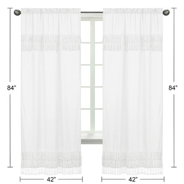 White Boho Bohemian 84in Window Treatment Curtain Panel Pair - Solid Shabby Chic Princess Luxurious Luxury Elegant Tassel Fringe