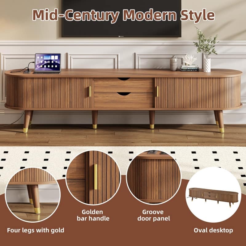 Mid-Century Modern Fluted TV Stand with Charging Station and Ample Storage for TVs Up to 80"