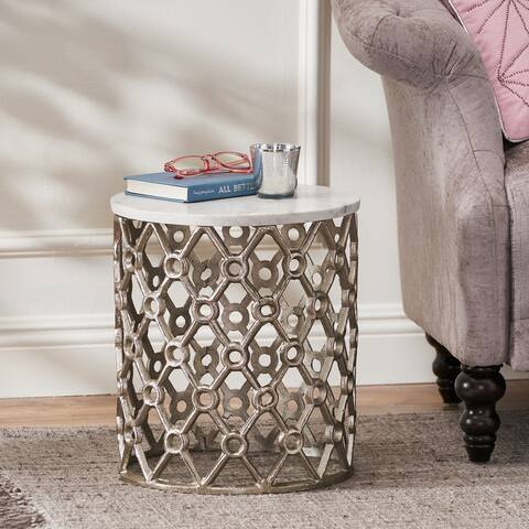 Lenhart Modern Glam Handcrafted Marble Top Aluminum Side Table by Christopher Knight Home - 14.00" L x 14.00" W x 16.00" H