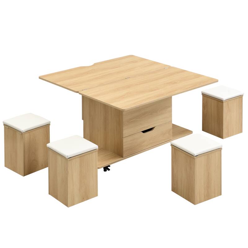Lift-Top Coffee Table with Hidden Storage & 4 Stools - Multi-Functional Modern Center Table with Casters