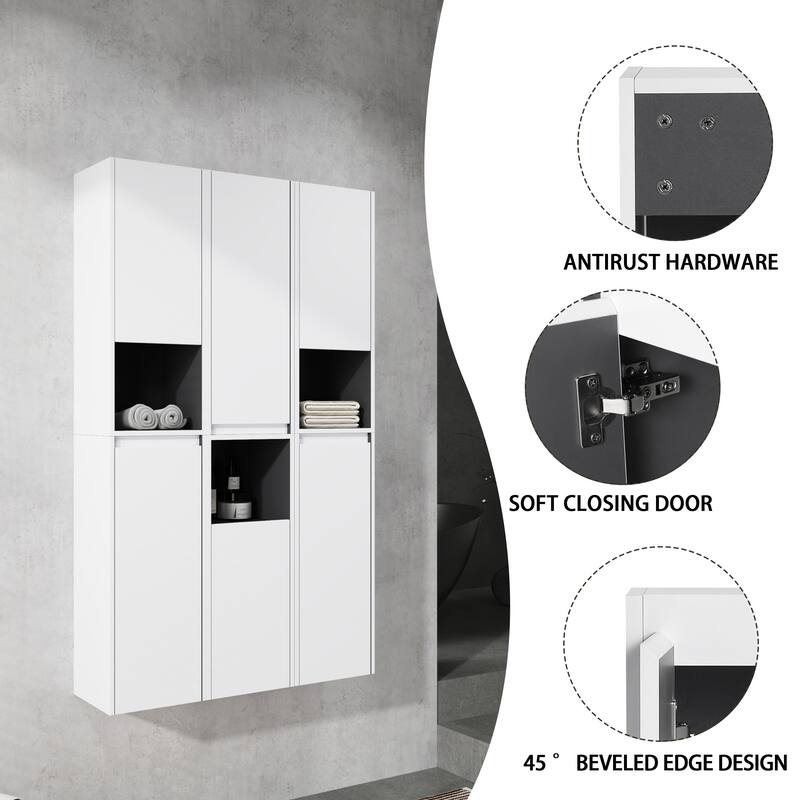 Modern Wall-Mounted Bathroom Side Cabinet with Soft-Close Doors, Floating Design, 6 Storage Compartments, 12-Inch Width