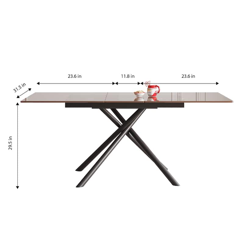 Roomfitters 59" Expandable Dining Table, Sandblasted Glass Top, Carbon Steel X-Base for 4-6 Person, Black