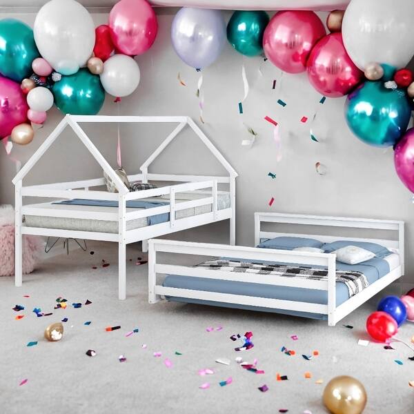 slide 2 of 18, Separate Bunk Bed,Two Separate Beds,Twin over Full House Bunk Bed with Built-in Ladder White