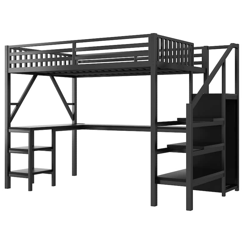 Metal Full Loft Bed with Wardrobe and LED Light, Full Size Loft Bed with L Shaped Desk and USB for Kids Teens Adults