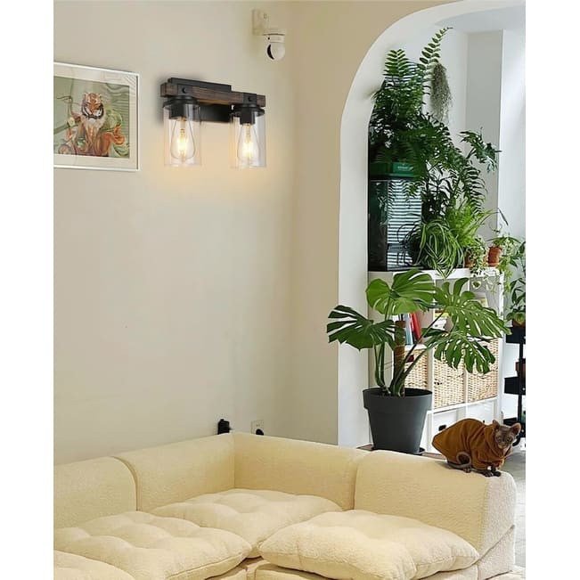 2 Light vanity light and mirror wood wall sconce glass, iron, wood wall light