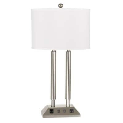 120 Watt Table Lamp with Fabric Drum Shade, Silver and White