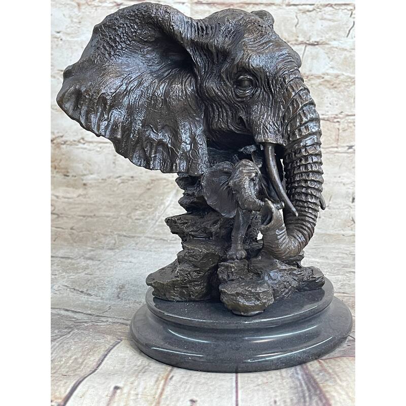 Original Striking Mive Imitative Elephant Head Bust With Baby Bronze Sculpture Statue