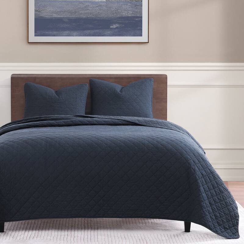 Indigo Hill by HiEnd Accents Cotton Comfort Shabby Chic Bedding Lightweight 3 Piece Quilt Set - Navy - Queen
