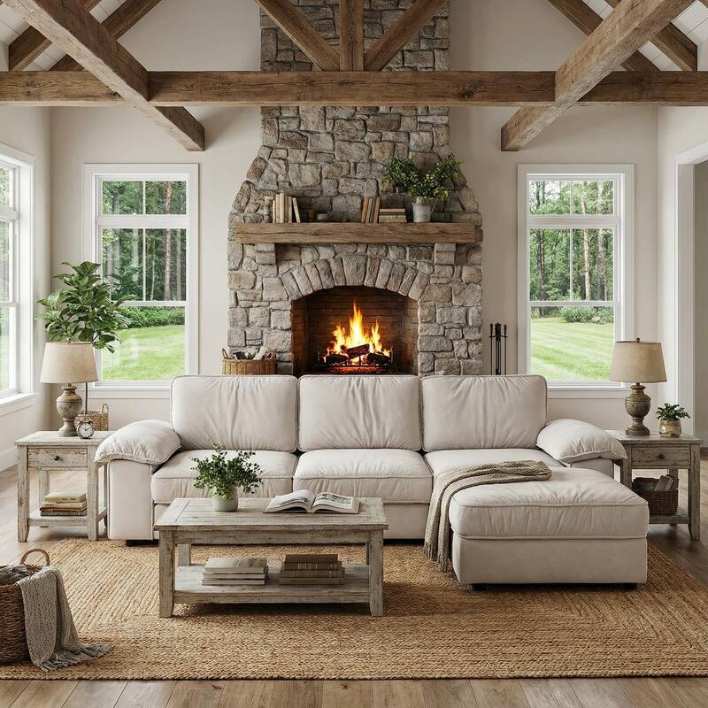 Upholstered L-Shaped Sectional Sofa Couch with Ottoman, Modern Fabric Deep Seat Sofa