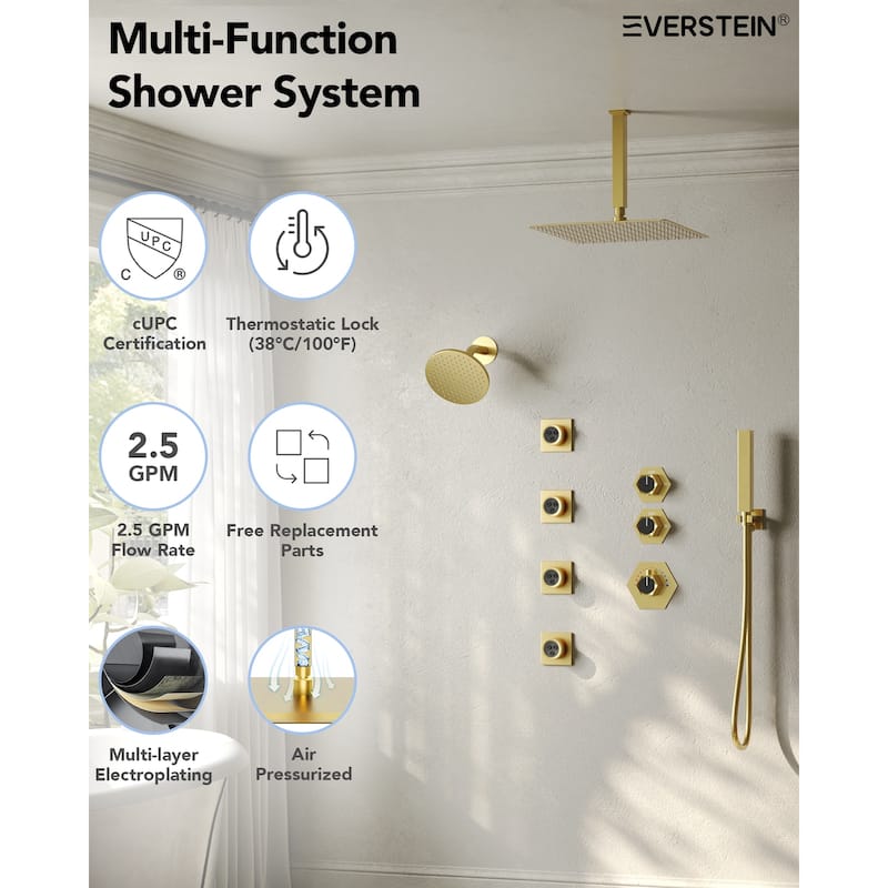 Dual Heads Thermostatic Shower Faucet with 12" Rainfall Shower, Handhels Spray And Body Jets - 12" x 6"