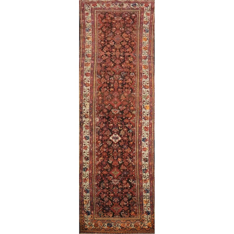 Hand Knotted Oriental 100% Wool Carpet Traditional Floral Brown Malayer Runner Rug - 12' 9'' X 3' 6''