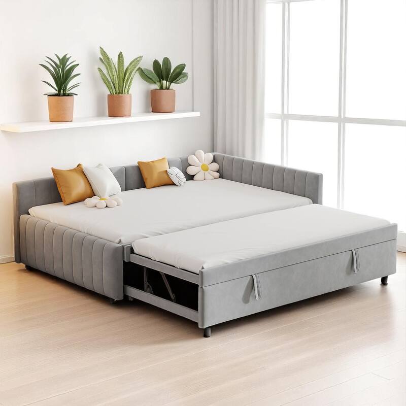 Stylish Full Size Daybed with Pull-Out Twin Trundle, L-Shaped Backrest, and No Box Spring Required