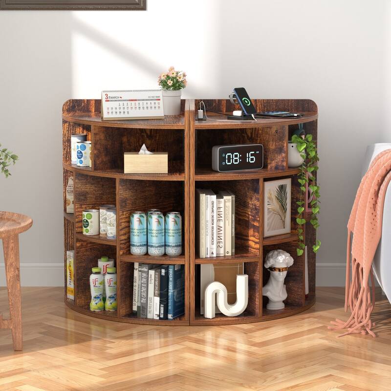 VECELO 4-Tier Adjustable Corner Bookshelf with Charging Station 3 AC Outlets & 2 USB Ports Waterproof Eco-Friendly Design