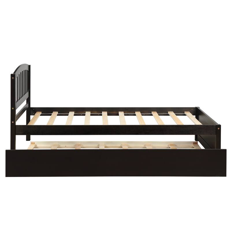 Elegant Twin Platform Bed with Trundle, Solid Pine Wood Frame for Space-Saving Sleepovers