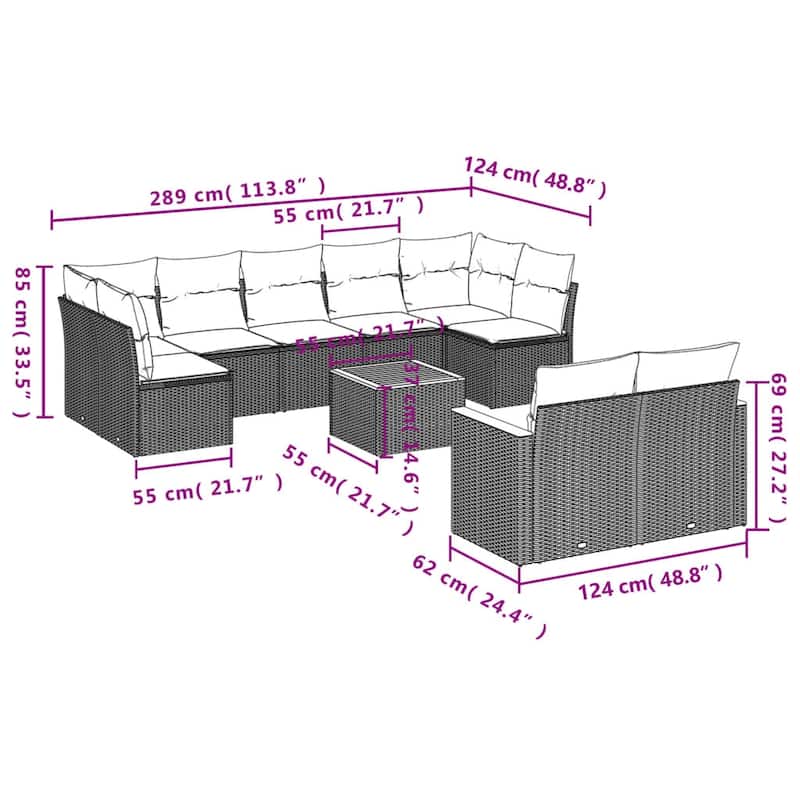 vidaXL Patio Sofa Set with Cushions Outdoor Conversation Furniture Poly Rattan - 24.4 x 24.4 x 27.2 in
