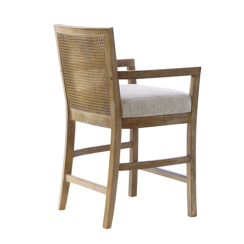 Madison Park Diedra Reclaimed Wood Counter Stool with Natural Rattan Back and Upholstered Seat