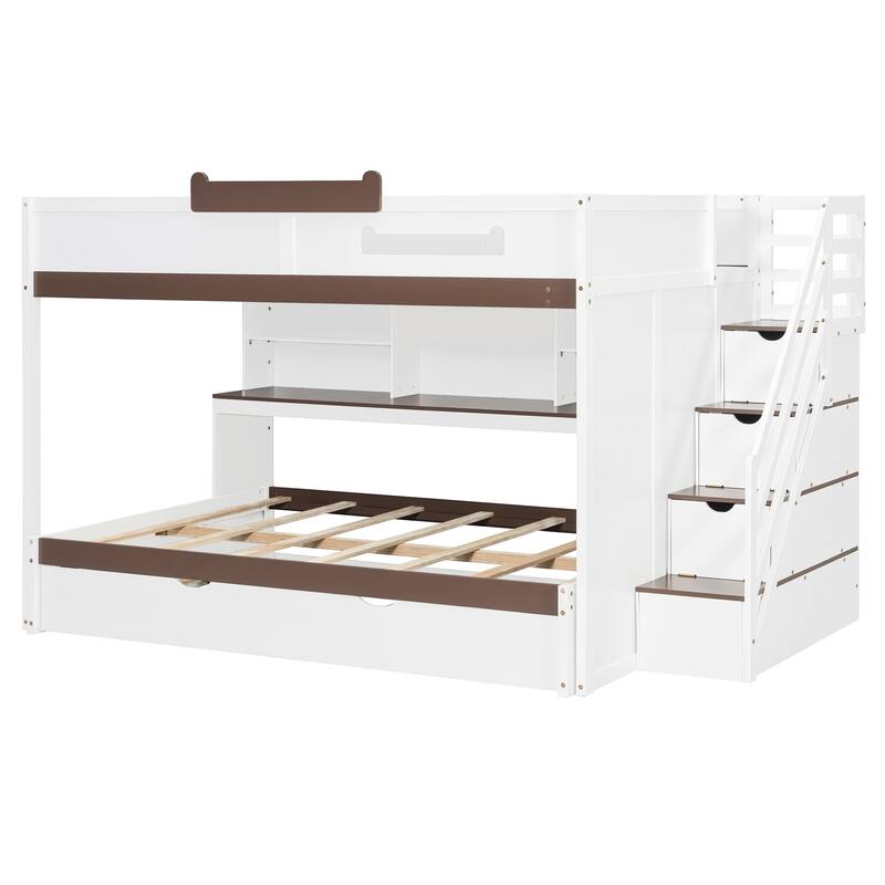 Full Over Full Bunk Bed with Twin Trundle, Staircase, Kids Loft Bed with Storage, LED Lighting, Space-Saving Wood Bed Frame