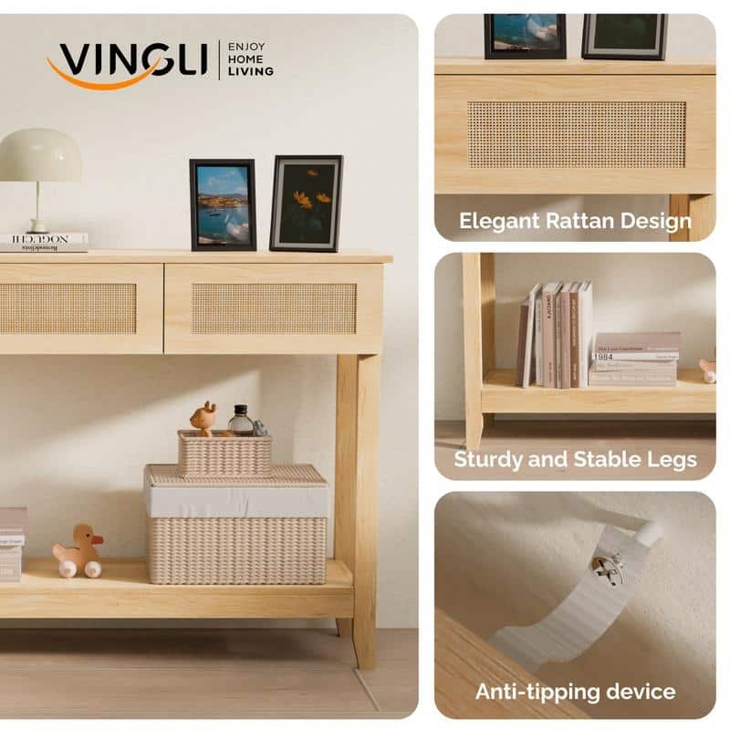 VINGLI Natural Wood Color 2-Layer 3-Drawer MDF Wicker Surface Entry Table