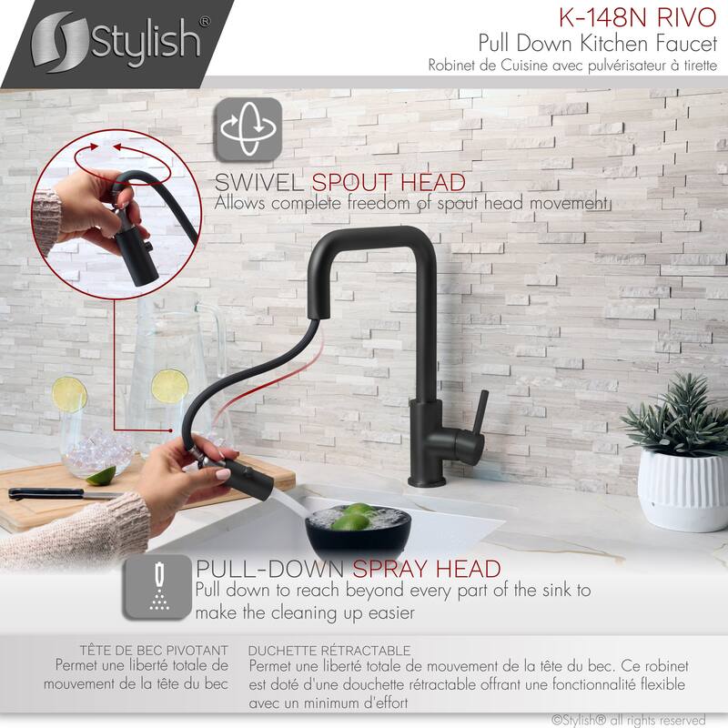 STYLISH Kitchen Sink Faucet Single Handle Pull Down Dual Mode in Stainless Steel - Faucet Height: 14 3/8" | Spout Height: 7 7/8"