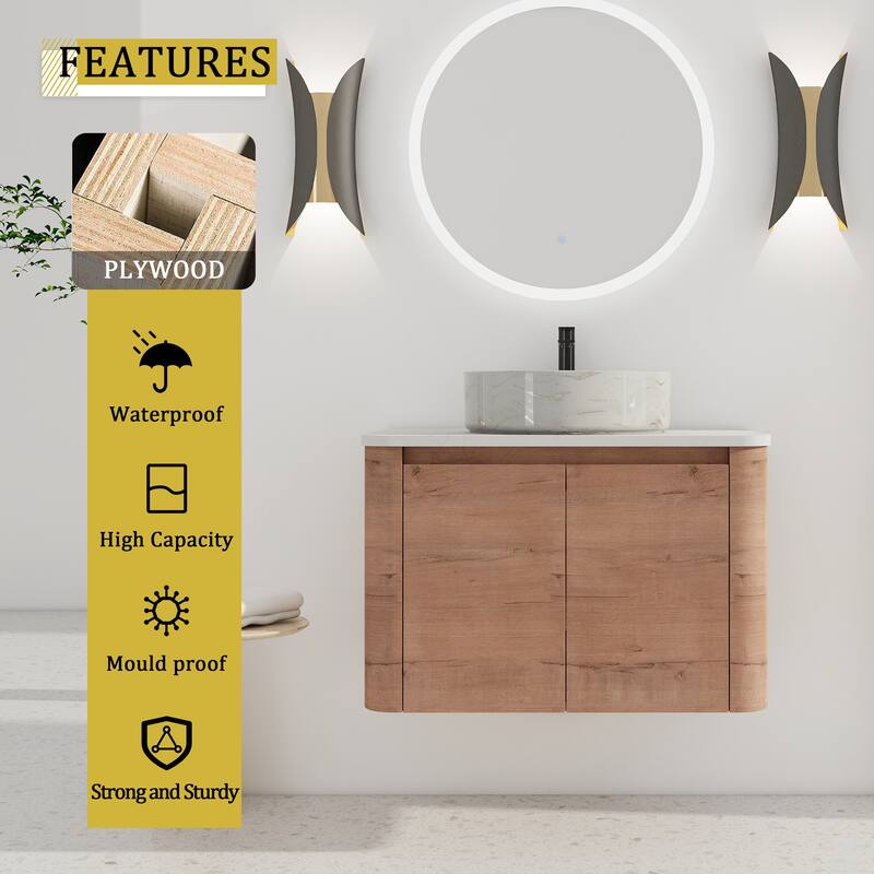 30'' Wall-Mounted Bathroom Vanity With Ceramic Art Sink & 2-Soft-Close Door, KD-Packing, Plywood