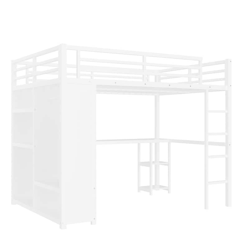 Queen Size Loft Bed Frame with Built-in Wardrobe,Desk and Storage Shelves