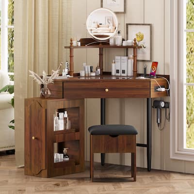 Corner Vanity Desk Set with Cushioned Stool and Charging Station,Triangle Makeup Desk with Removable Pull-Out Side Cabinet