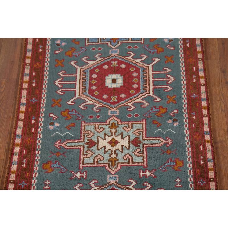 Teal Green Khotan Oriental Runner Rug Hand-Knotted Wool Carpet - 2'6"x 9'9"