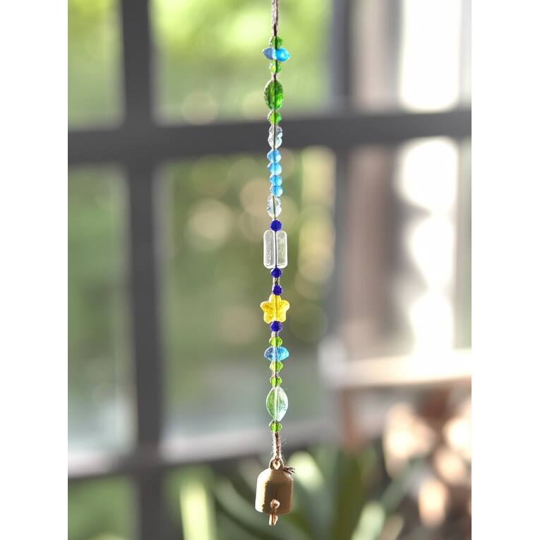 Glass Metal Wood Windchime Jute Beads Bell - 35" Gold/Blue - 2.5" x 2.5" x 35"