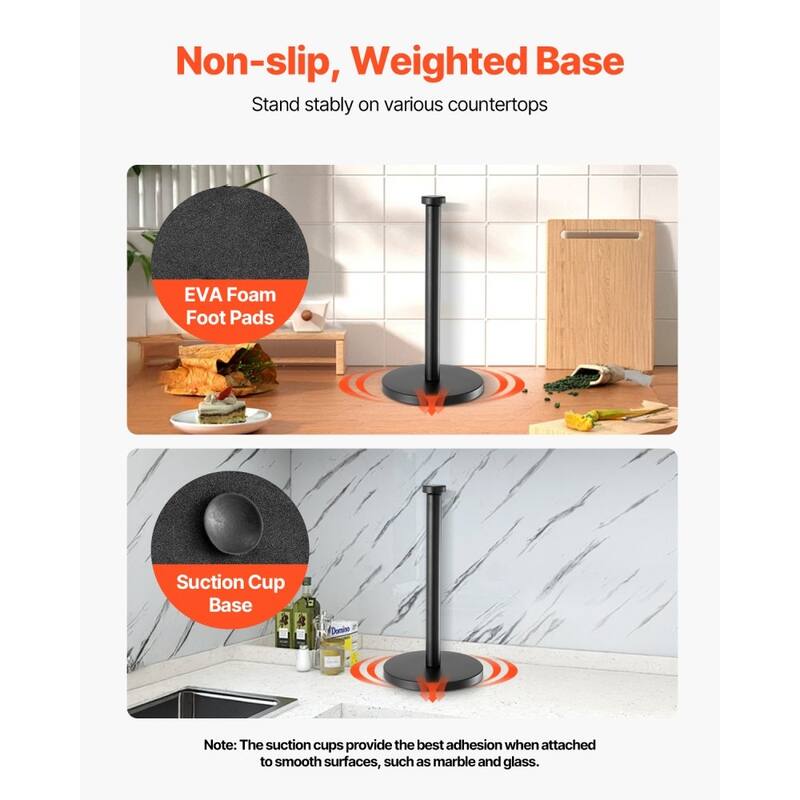 Black Stainless Steel Paper Towel Holder for Countertop with Suction Cups and Weighted Base - 6.7” x 6.7” x 12.6”
