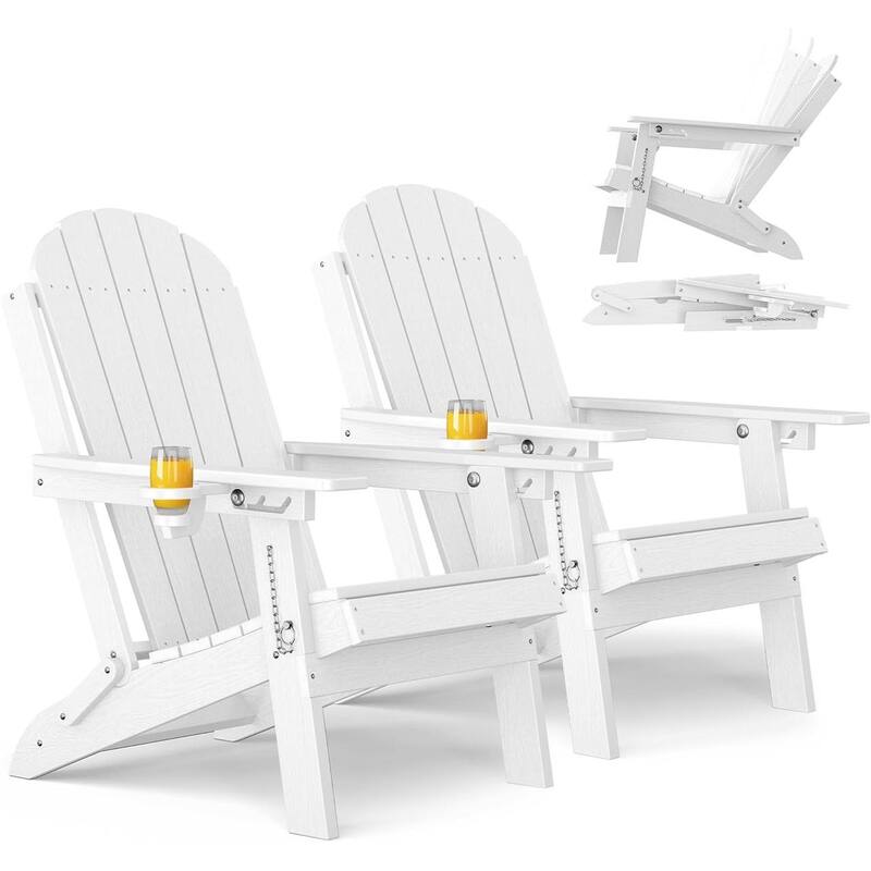 WINSOON Outdoor All-Weather HDPE Folding Adirondack Chair with Cup Holder & Adjustable Back Set of 2 - White
