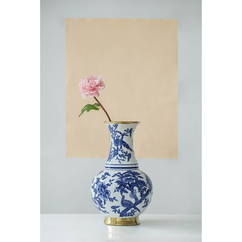 Large Chinoiserie Floral and Bird Porcelain Vase 16" White and Blue