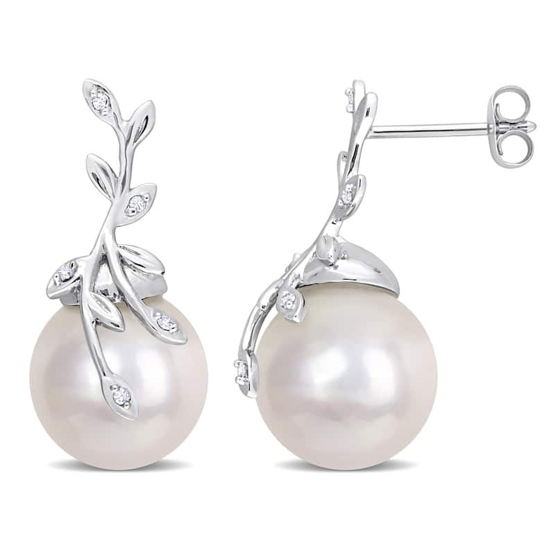 Miadora 11-12mm Cultured Freshwater Pearl & Diamond-Accent Leaf Earrings 14k White Gold