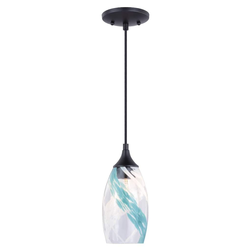 Milano Bronze Mini Pendant Ceiling Light Blue Glass - 4.75-in W x 9.75-in H x 4.75-in D