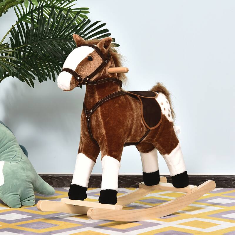 Kids Plush Rocking Horse with Authentic Neigh Sounds, Saddle, and Stirrup for 3-8 Years Old - Comfortable Velvet Fabric
