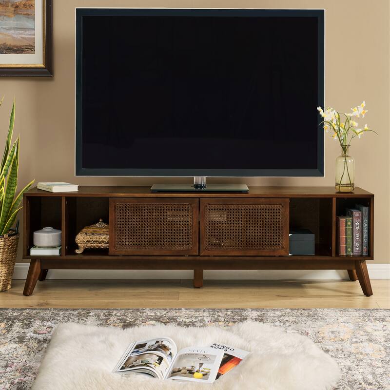 67.9 Inch Mid Century Modern Rattan TV Stand for TVs up to 75", Entertainment Cabinet, Solid Wood Feet & Rattan Cabinet Doors