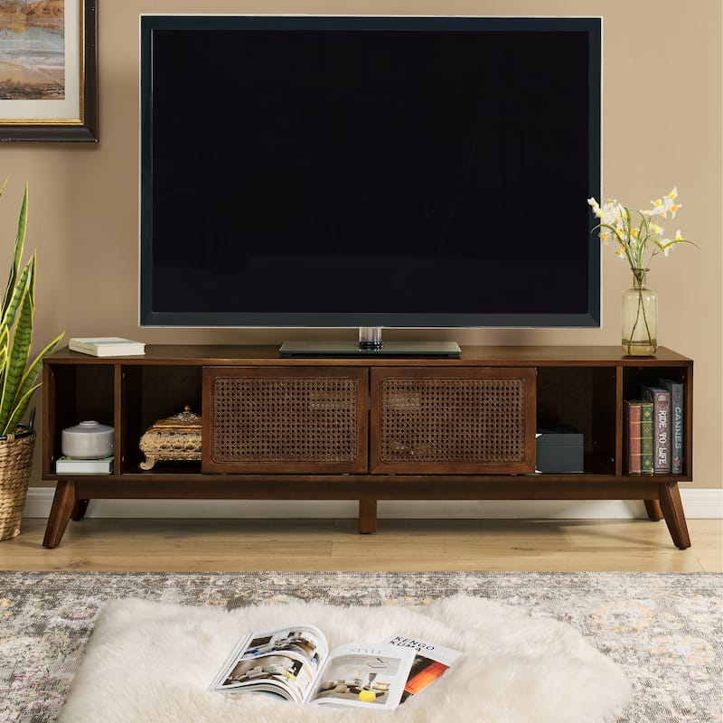 67.9 Inch Modern Rattan TV Stand for TVs up to 75", Entertainment Cabinet, Media Console,Solid Wood Feet & Rattan Cabinet Doors
